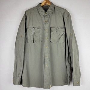 Eddie Bauer Shirt Mens Large Green Ripstop Utility Safari Roll Tab Long Sleeve